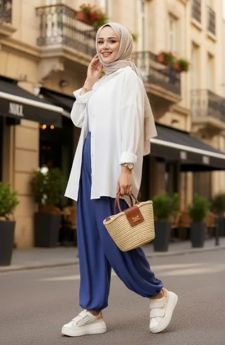 Beli Lastikli Şalvar Pantolon 0001-05 Açık Mavi