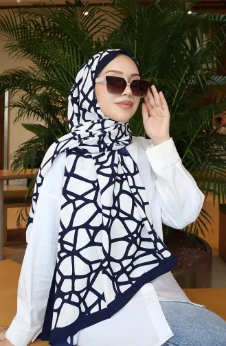 Geometric Patterned Capri Shawl 70343-02 Navy Blue Ecru 70343-02