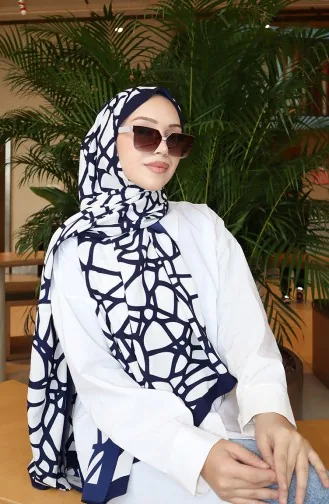 Geometric Patterned Capri Shawl 70343-02 Navy Blue Ecru 70343-02