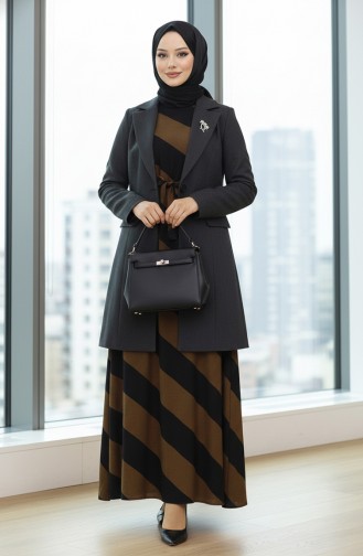 Geometrisch Gemustertes Viskosekleid Mit Gürtel 0460-01 Schwarzbraun 0460-01