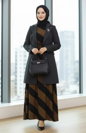 Viscose-jurk Met Geometrisch Patroon En Riem 0460-01 Zwartbruin 0460-01