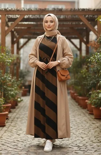 Viscose-jurk Met Geometrisch Patroon En Riem 0460-01 Zwartbruin 0460-01