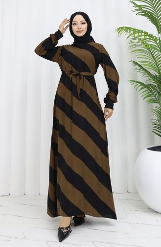 Geometrisch Gemustertes Viskosekleid Mit Gürtel 0460-01 Schwarzbraun 0460-01