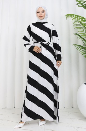 Geometrisch Gemustertes Viskosekleid Mit Gürtel 0460-03 Schwarz Weiß 0460-03