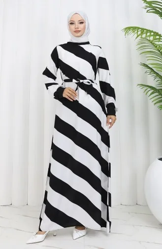 Geometrik Desenli Kuşaklı Viskon Elbise 0460-03 Siyah Beyaz