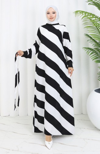 Geometrisch Gemustertes Viskosekleid Mit Gürtel 0460-03 Schwarz Weiß 0460-03