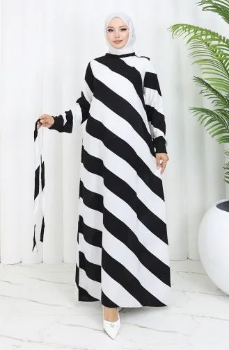 Geometrik Desenli Kuşaklı Viskon Elbise 0460-03 Siyah Beyaz