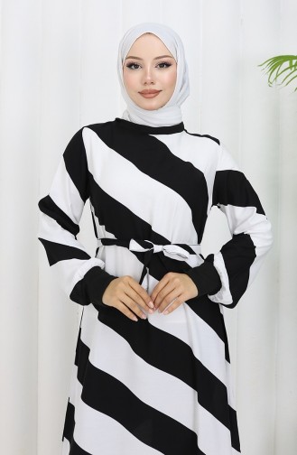 Geometrisch Gemustertes Viskosekleid Mit Gürtel 0460-03 Schwarz Weiß 0460-03