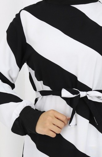 Geometrisch Gemustertes Viskosekleid Mit Gürtel 0460-03 Schwarz Weiß 0460-03