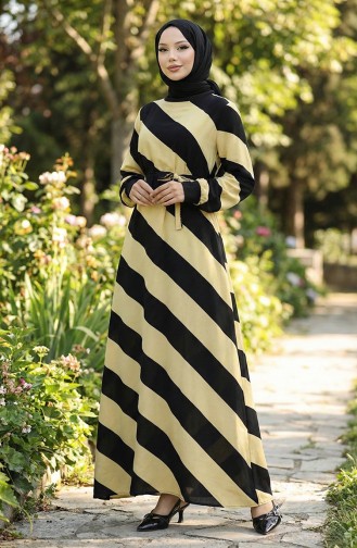 Geometrisch Gemustertes Viskosekleid Mit Gürtel 0460-04 Schwarz Gelb 0460-04