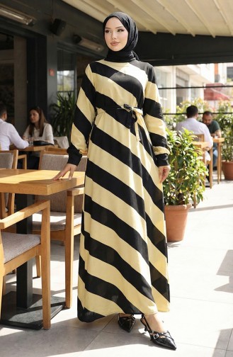 Geometrisch Gemustertes Viskosekleid Mit Gürtel 0460-04 Schwarz Gelb 0460-04