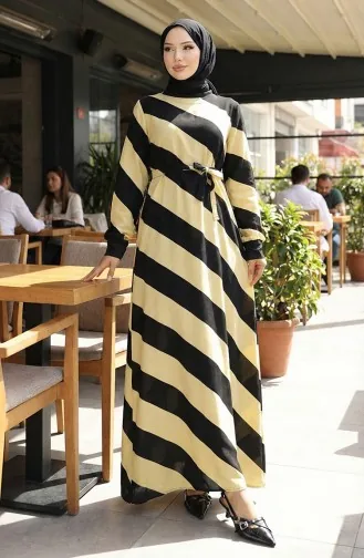 Geometrik Desenli Kuşaklı Viskon Elbise 0460-04 Siyah Sarı