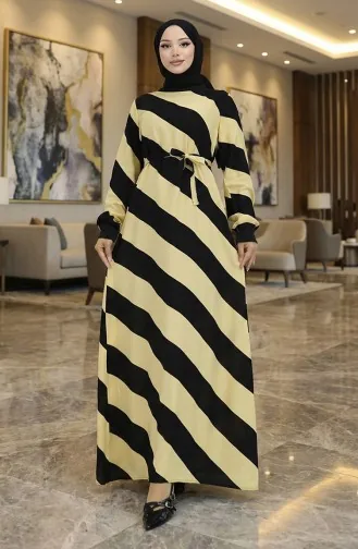 Geometrik Desenli Kuşaklı Viskon Elbise 0460-04 Siyah Sarı