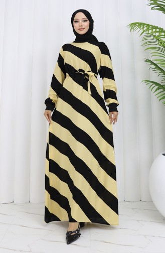 Geometrisch Gemustertes Viskosekleid Mit Gürtel 0460-04 Schwarz Gelb 0460-04