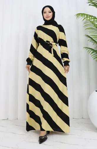 Geometrik Desenli Kuşaklı Viskon Elbise 0460-04 Siyah Sarı