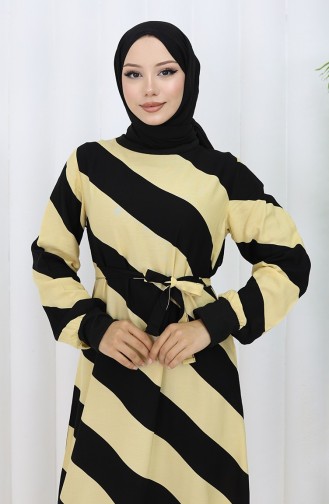 Geometrisch Gemustertes Viskosekleid Mit Gürtel 0460-04 Schwarz Gelb 0460-04