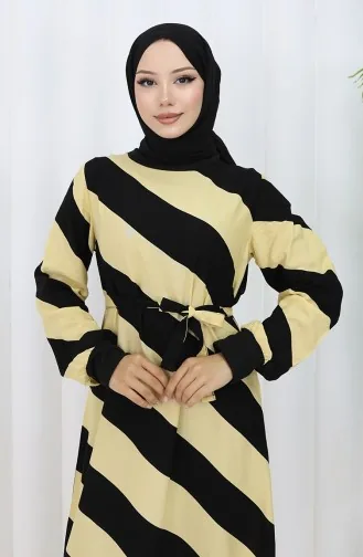 Geometrik Desenli Kuşaklı Viskon Elbise 0460-04 Siyah Sarı