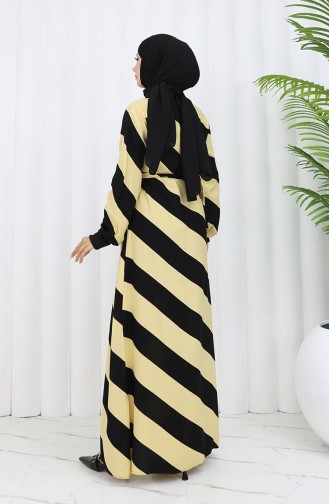 Geometrisch Gemustertes Viskosekleid Mit Gürtel 0460-04 Schwarz Gelb 0460-04