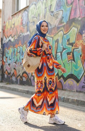 Patterned Belted Viscose Dress 0501-02 Navy Blue Coral 0501-02