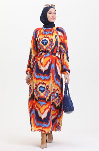 Patterned Belted Viscose Dress 0501-02 Navy Blue Coral 0501-02