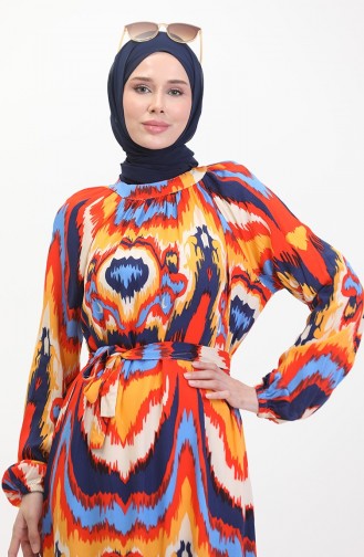 Patterned Belted Viscose Dress 0501-02 Navy Blue Coral 0501-02
