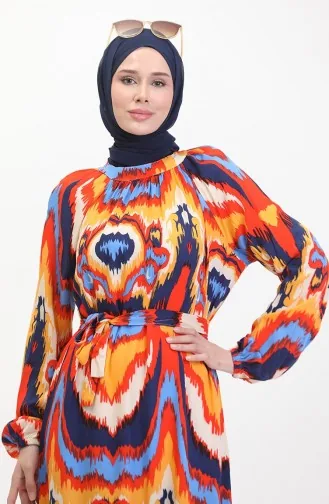 Robe Viscose A Motifs Et Ceinturée 0501-02 Bleu Marine Corail 0501-02