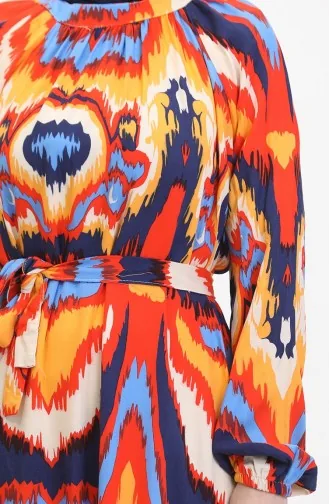 Robe Viscose A Motifs Et Ceinturée 0501-02 Bleu Marine Corail 0501-02