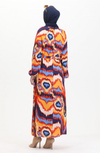 Patterned Belted Viscose Dress 0501-02 Navy Blue Coral 0501-02