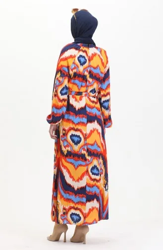 Robe Viscose A Motifs Et Ceinturée 0501-02 Bleu Marine Corail 0501-02