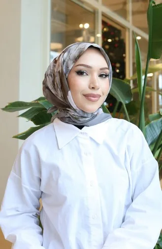 Çiçek Desenli Pamuklu Koza Eşarp 70333-02 Vizon Haki