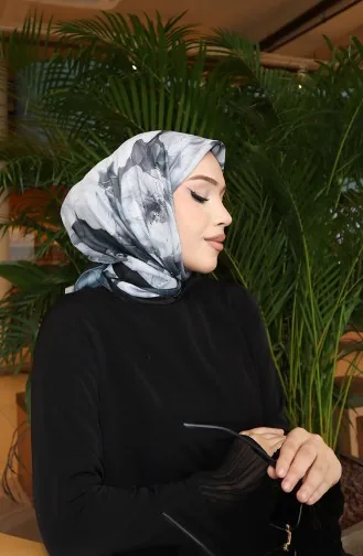 Çiçek Desenli Pamuklu Koza Eşarp 70333-08 Siyah Füme