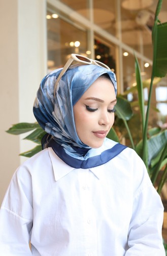 Floral Patterned Cotton Cocoon Scarf 70333-09 Navy Blue Denim Blue 70333-09