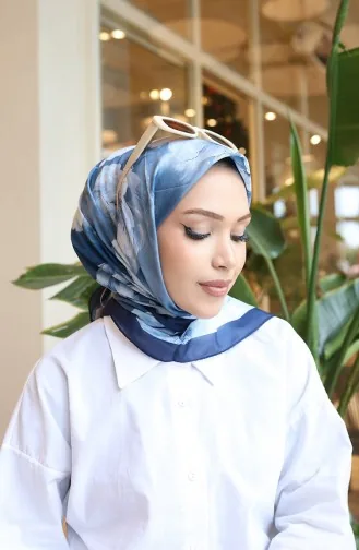 Floral Patterned Cotton Cocoon Scarf 70333-09 Navy Blue Denim Blue 70333-09