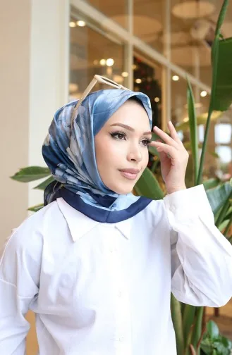 Floral Patterned Cotton Cocoon Scarf 70333-09 Navy Blue Denim Blue 70333-09