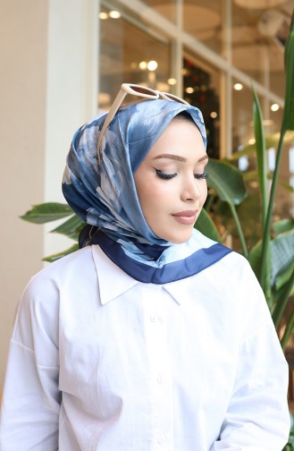 Floral Patterned Cotton Cocoon Scarf 70333-09 Navy Blue Denim Blue 70333-09