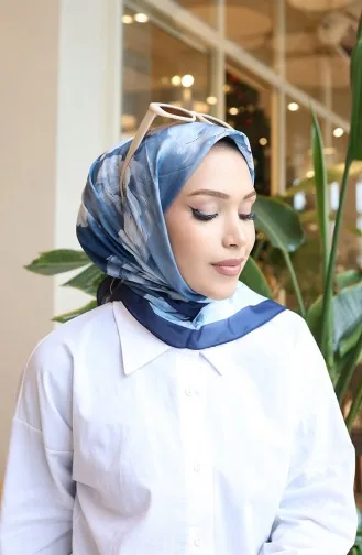 Floral Patterned Cotton Cocoon Scarf 70333-09 Navy Blue Denim Blue 70333-09