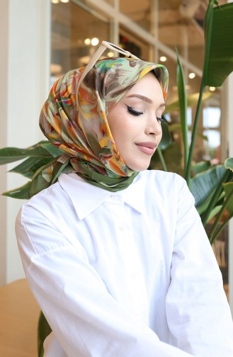 Pamuklu Desenli Koza Eşarp 70335-02 Kına Yeşili Oranj