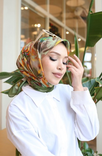 Pamuklu Desenli Koza Eşarp 70335-02 Kına Yeşili Oranj