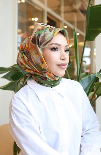 Pamuklu Desenli Koza Eşarp 70335-02 Kına Yeşili Oranj