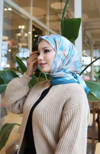 Pamuklu Desenli Koza Eşarp 70335-08 Açık Petrol Mint Yeşili