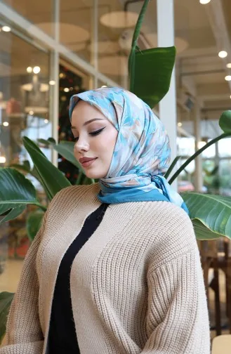 Pamuklu Desenli Koza Eşarp 70335-08 Açık Petrol Mint Yeşili