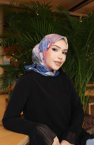 وشاح قطني بنقوش زهرية 70336-07 أزرق داكن فاتح 70336-07