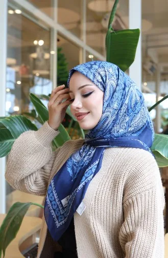 Patterned Cotton Cocoon Scarf 70337-10 Navy Blue 70337-10