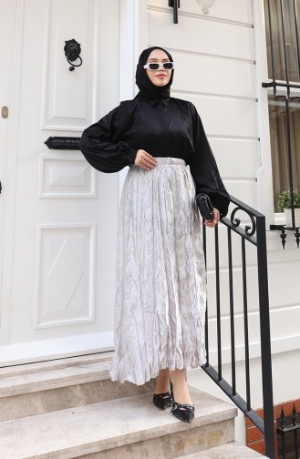 Relaxed Fit Satin Skirt With Elastic Waistband 0227B-01 Grey 0227B-01
