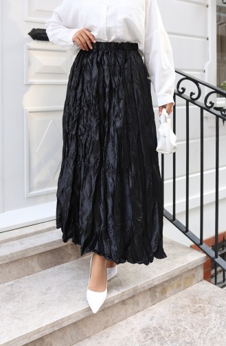 Jupe En Satin Coupe Décontractée Avec Taille élastiquée 0227B-02 Noir 0227B-02