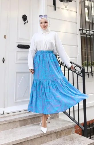 تنورة منقوشة بخصر مطاطي وقصة مريحة 0227D-01 لون فيروزي 0227D-01