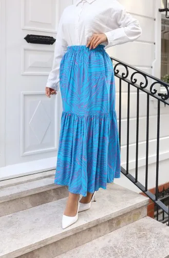 تنورة منقوشة بخصر مطاطي وقصة مريحة 0227D-01 لون فيروزي 0227D-01