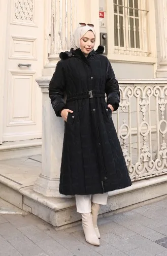 Büyük Beden Kapüşonlu Kemerli Mont 6322-01 Siyah
