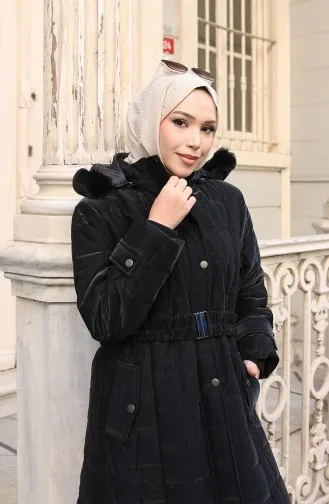 Büyük Beden Kapüşonlu Kemerli Mont 6322-01 Siyah