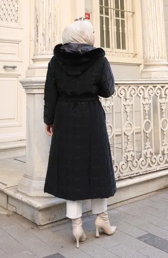 Büyük Beden Kapüşonlu Kemerli Mont 6322-01 Siyah